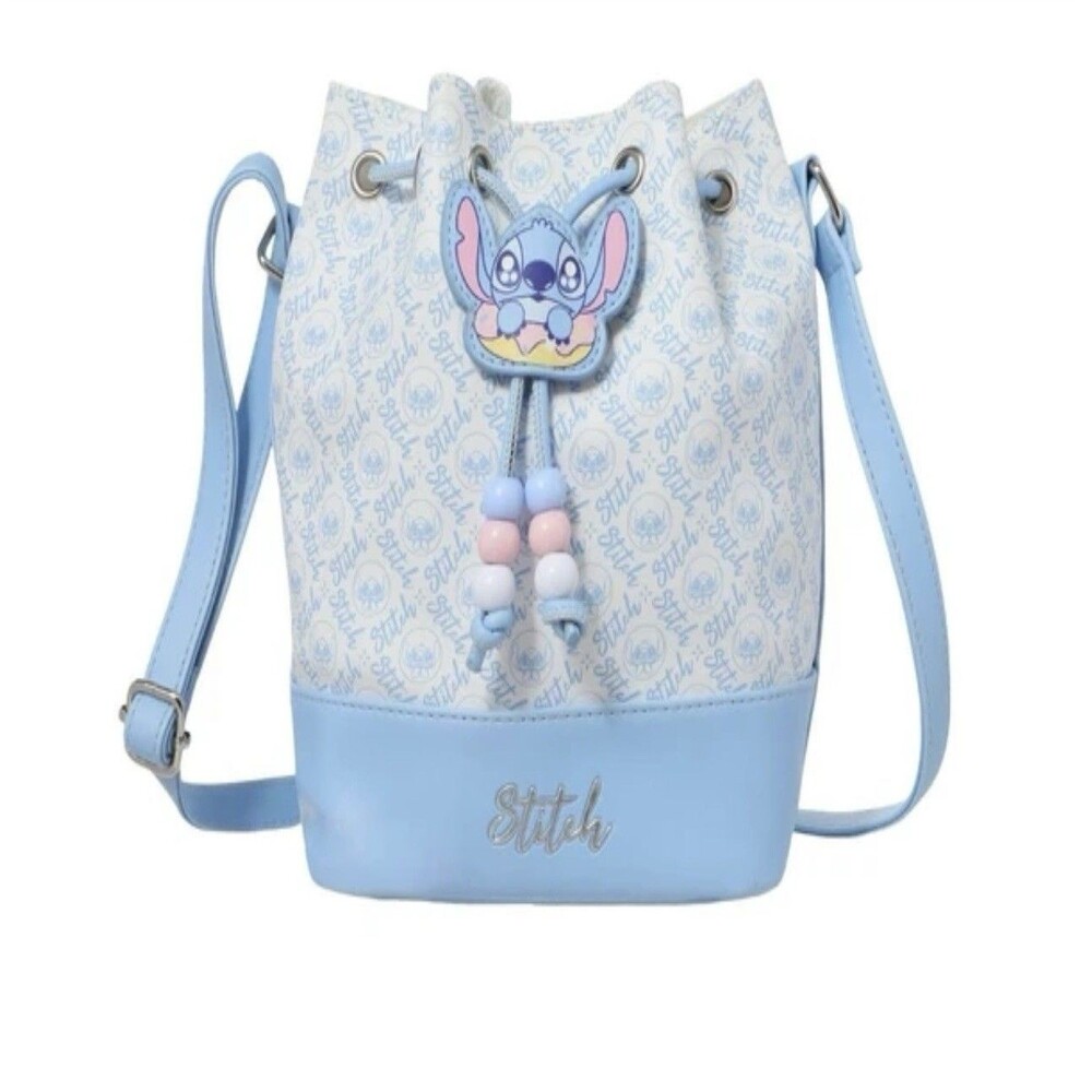 Disney Lilo Stitch Drawstring Crossbody Bag Bucket Blue White NWOT